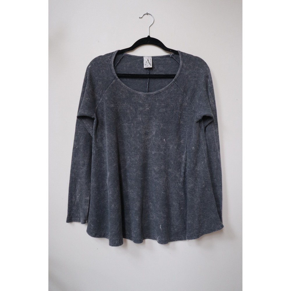 American Age Gray Acid Wash Waffle Knit Thermal Long Sleeve Top Large